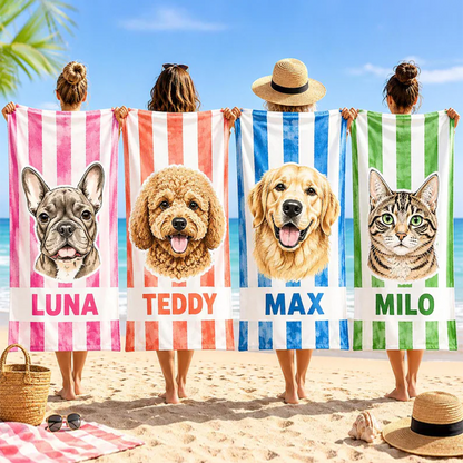 Personalized Pet Photo Beach Towel, Custom Dog Portrait Towel, Pet Memorial Gift