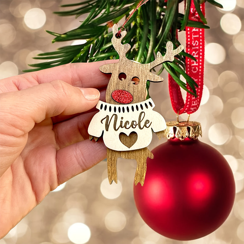 Personalized Name Custom Sweater-Style Reindeer Ornament