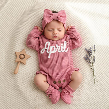 Hand Embroidered Name Baby Romper Set,Personalized Outfit