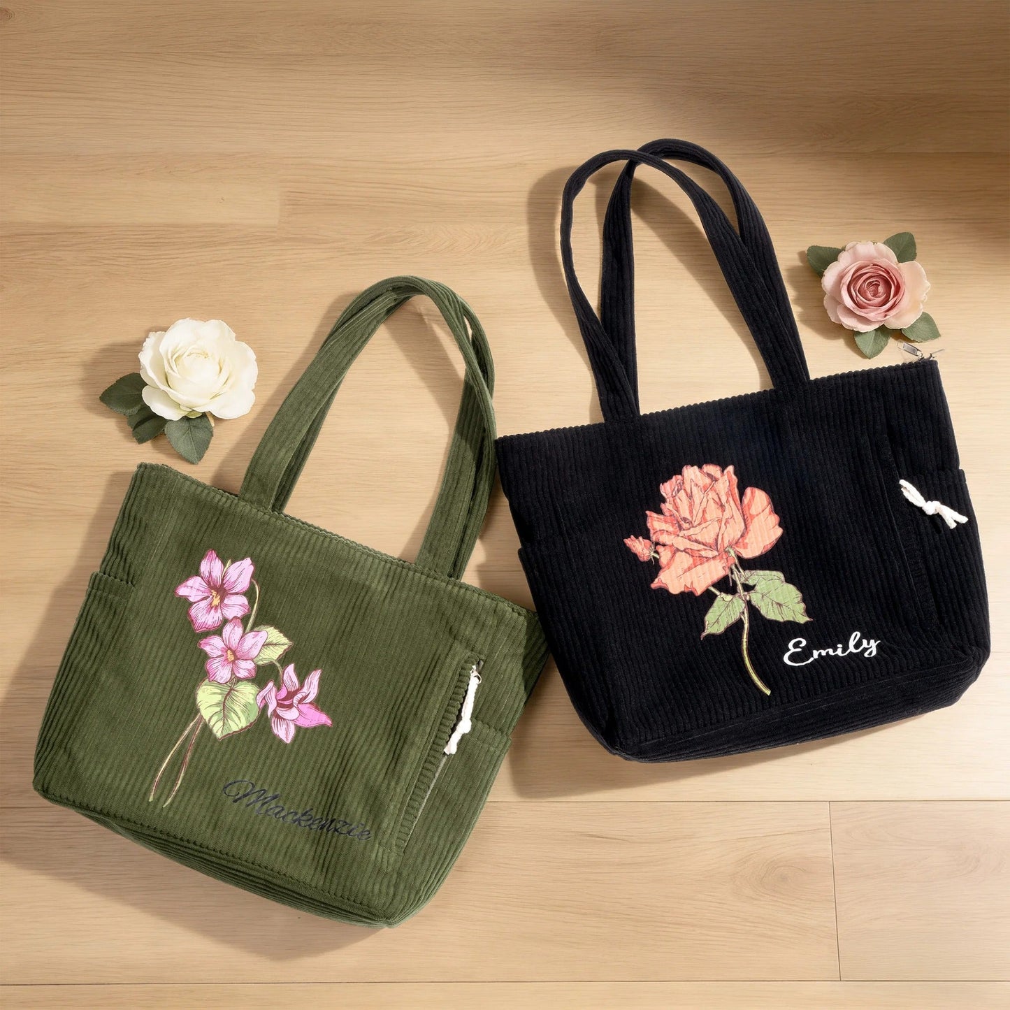 Personalized Birth Flower Corduroy Large Capacity Tote Bag