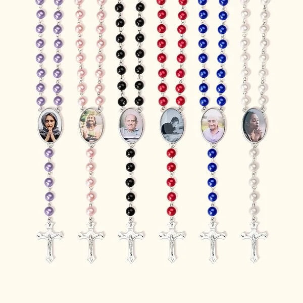 Personalized Multi-Color Rosary Beads Cross Necklace with Photo