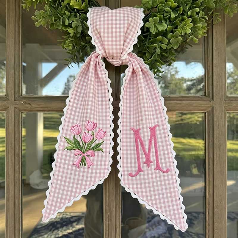 Personalized Tulip Monogram Sash, Toile Ribbon Wreath Decor