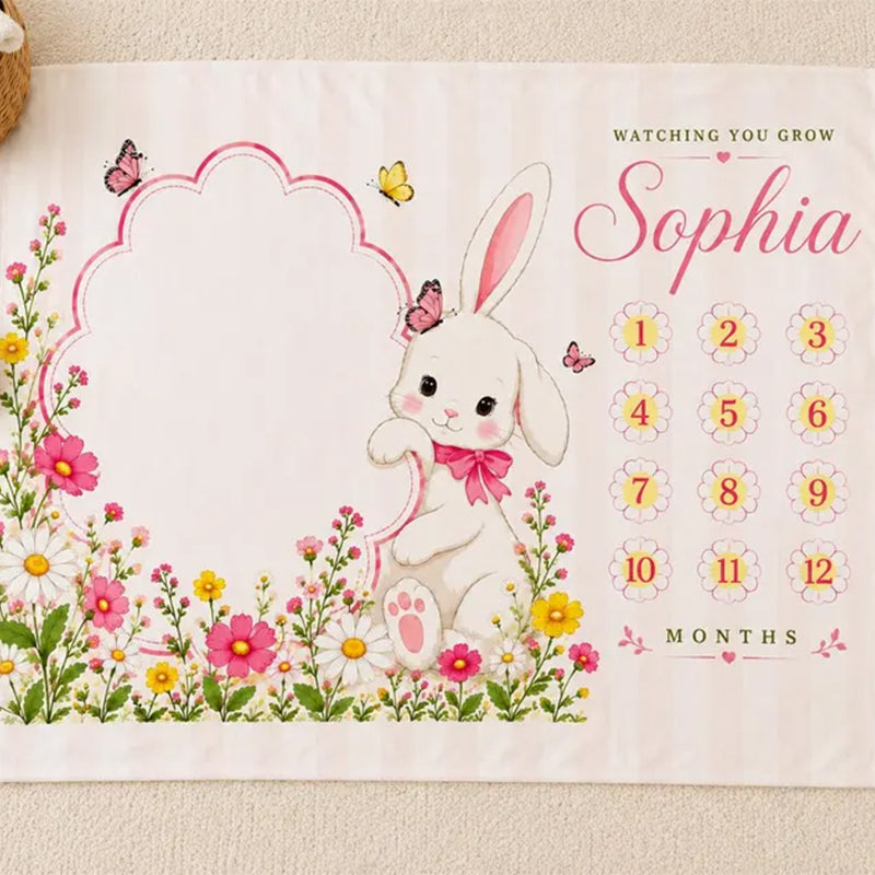 Personalized Bunny Baby Milestone Blanket, Floral Monthly Milestone Blanket