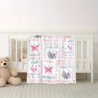 Customized Flannel Blankets with Names, Flower Butterfly Patterned Blankets