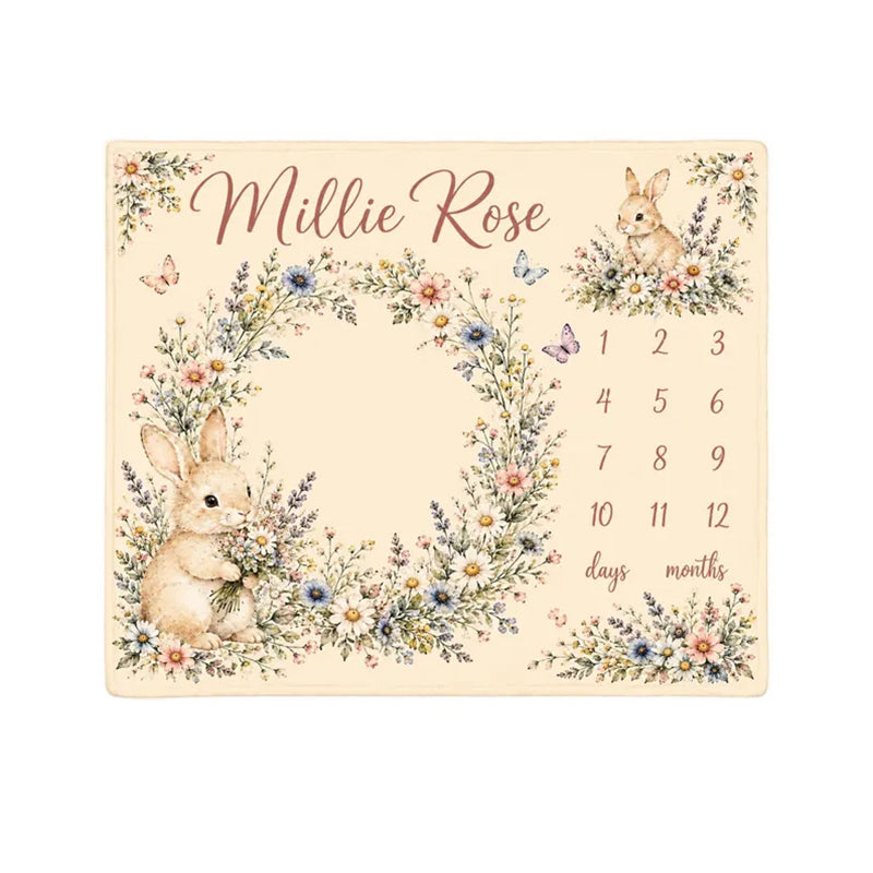 Personalized Bunny Floral Milestone Blanket, Customized Baby Month Flowers Blanket