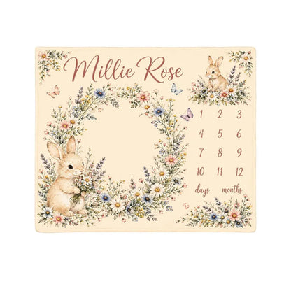 Personalized Bunny Floral Milestone Blanket, Customized Baby Month Flowers Blanket