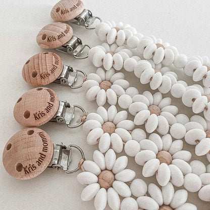 Personalized Flower Beaded Pacifier Clip Wooden Engraving