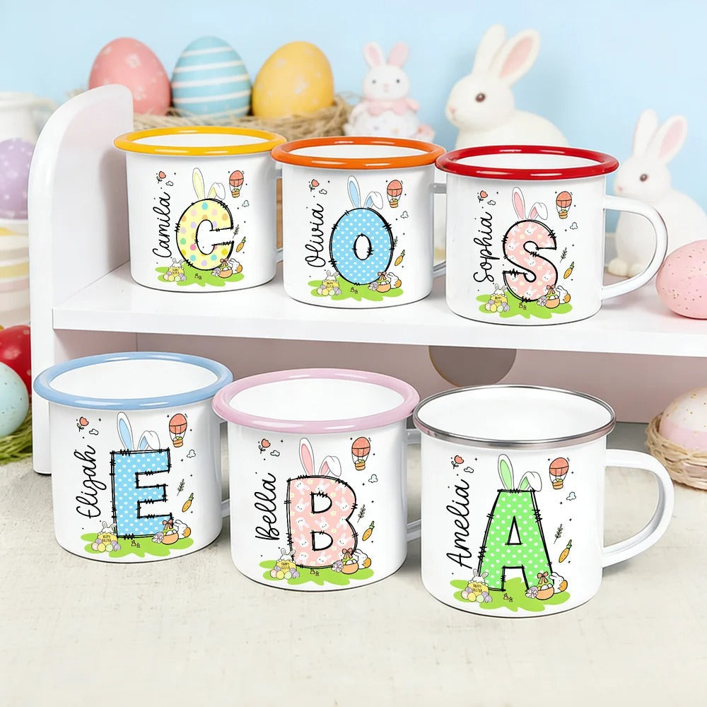 Personalized Colored Rabbit Easter Egg Initial 12 oz Enamel Mug