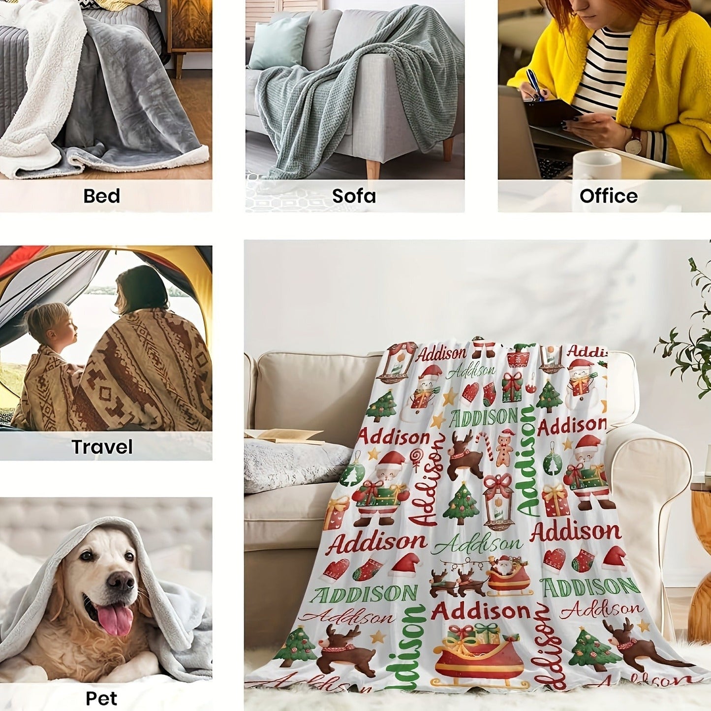Christmas Santa and Reindeer Flannel Blanket - Personalized Name Lightweight Fleece Throw