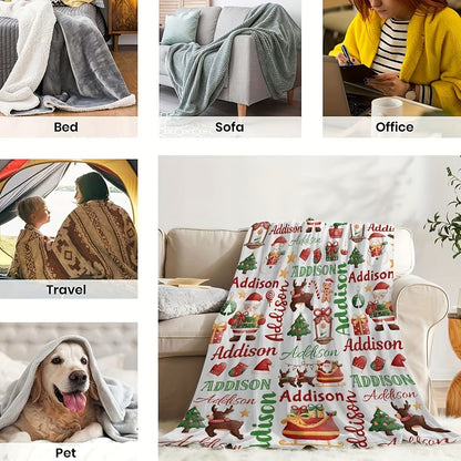 Christmas Santa and Reindeer Flannel Blanket - Personalized Name Lightweight Fleece Throw