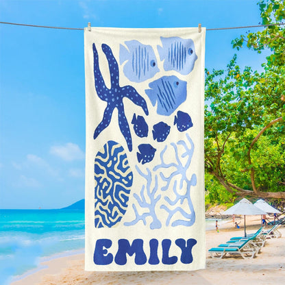 Personalized Retro Beach Towel, Marine Animal Beach Towel, Custom Name Towel