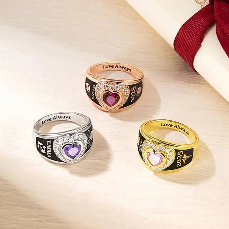 Personalized Heart Zircon Birthstone Class Ring with Engraved Text Symbol Graduation Gift