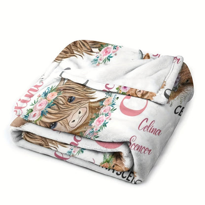 Personalized Highland Cow Print Flannel Blanket