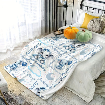 Custom Your Name Blanket, Cute Elephant Print Text Blanket