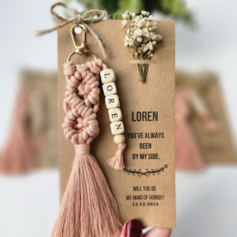 Custom Macrame Name Keychain, Personalized Boho Bag Charm