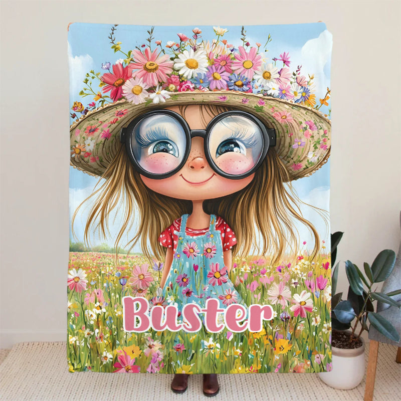 Personalized Cartoon Quirky Flower Girl Throw Blanket with Name