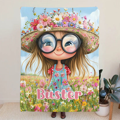 Personalized Cartoon Quirky Flower Girl Throw Blanket with Name