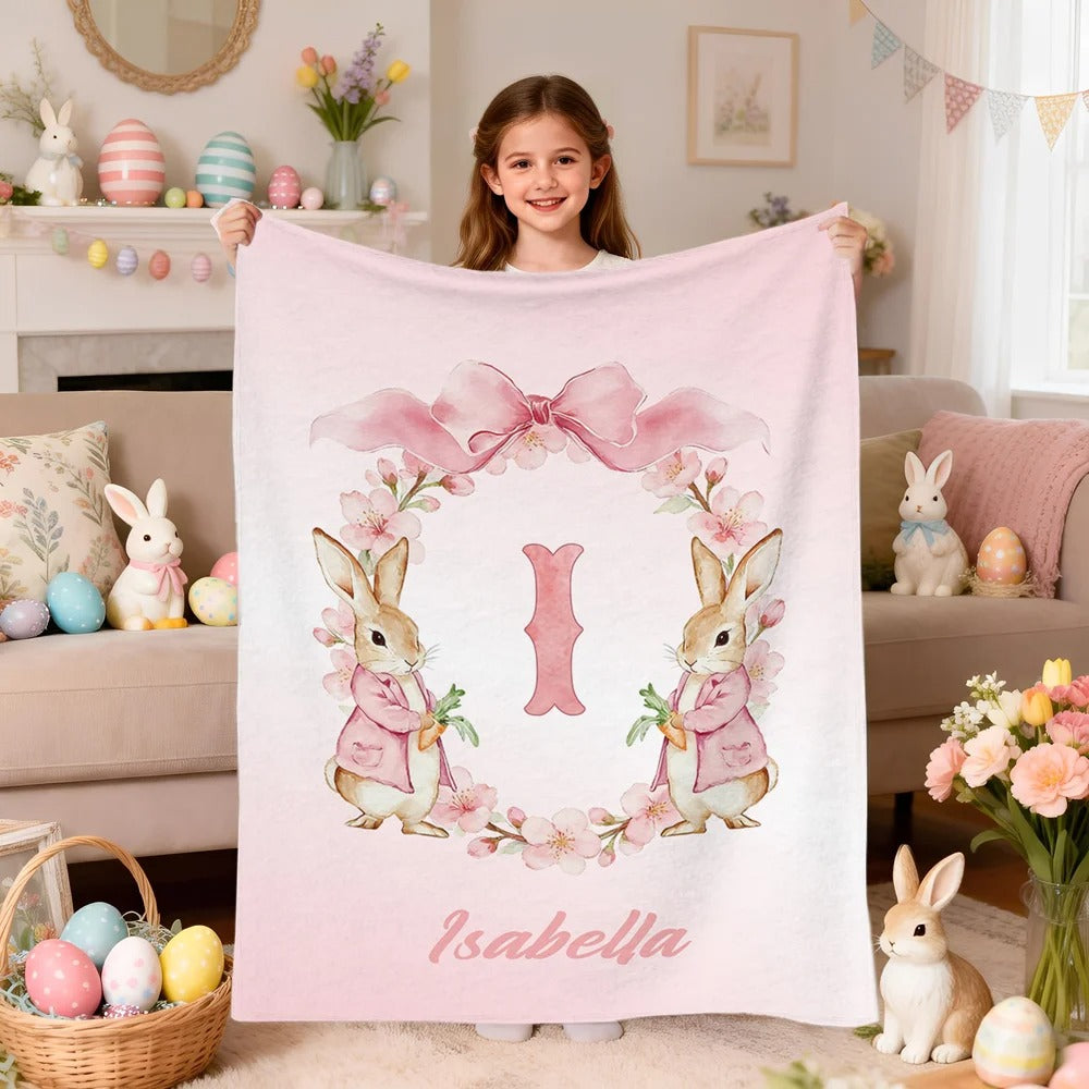 Personalized Easter Watercolor Bunny Bow Wreath Blanket