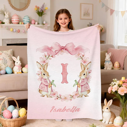 Personalized Easter Watercolor Bunny Bow Wreath Blanket