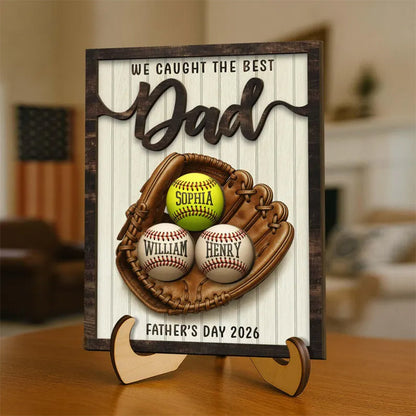 Personalized Baseball Dad Plaque: Custom Kids Names Wooden Sign