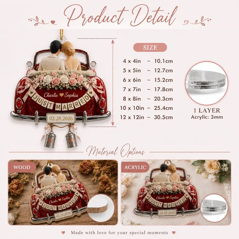 Personalized Just Married Wedding Car Ornament