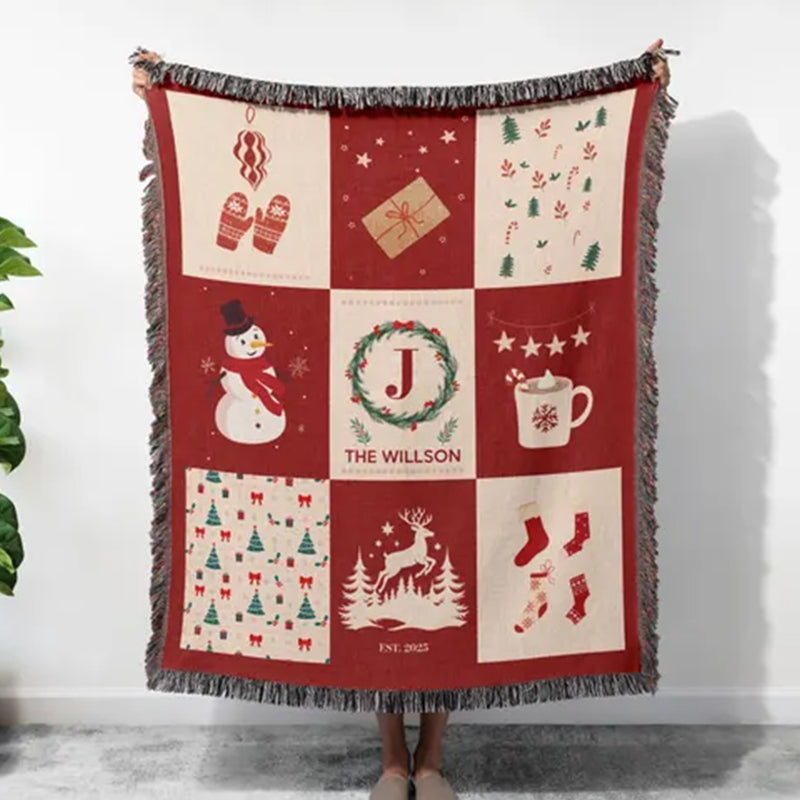 Personalized Family Name Woven Christmas Blanket: Holiday Decor Throw