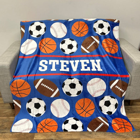 Personalized Kids Sports Blanket, Custom Blanket, Basketball Football Baseball Blanket