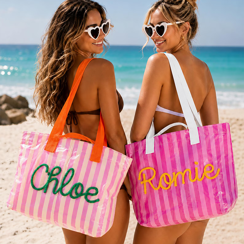 Personalized Water Resistant PVC Beach Tote, Custom Rope Name Poolside Carryall
