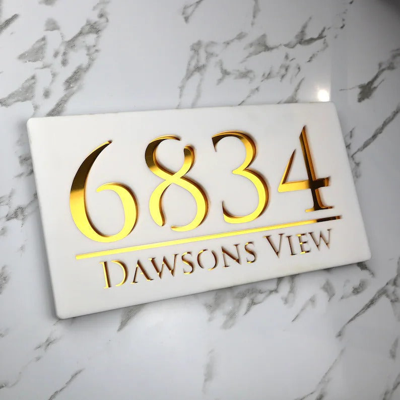 Laser Cut Matt White & Gold Mirror Floating House Number Signs Door Address