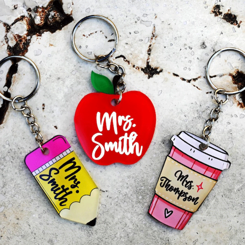 Custom Teacher Keychain, Pencil, Apple, Rainbow, Coffee Shapes, Cute Teacher Appreciation Gift
