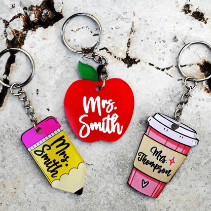 Custom Teacher Keychain, Pencil, Apple, Rainbow, Coffee Shapes, Cute Teacher Appreciation Gift
