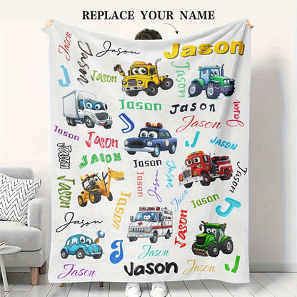 Custom Name Personalized Blanket, Cartoon Car & Engineering Vehicle Design