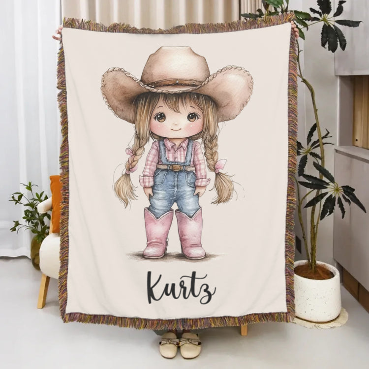 Personalized Cartoon Cowboy Tassel Blanket with Name