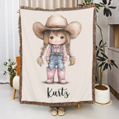 Personalized Cartoon Cowboy Tassel Blanket with Name
