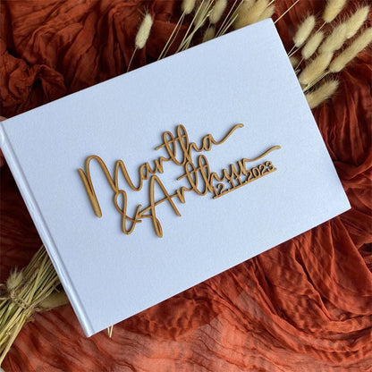 Personalised Linen Cover Wedding Guest Book With Wooden Text
