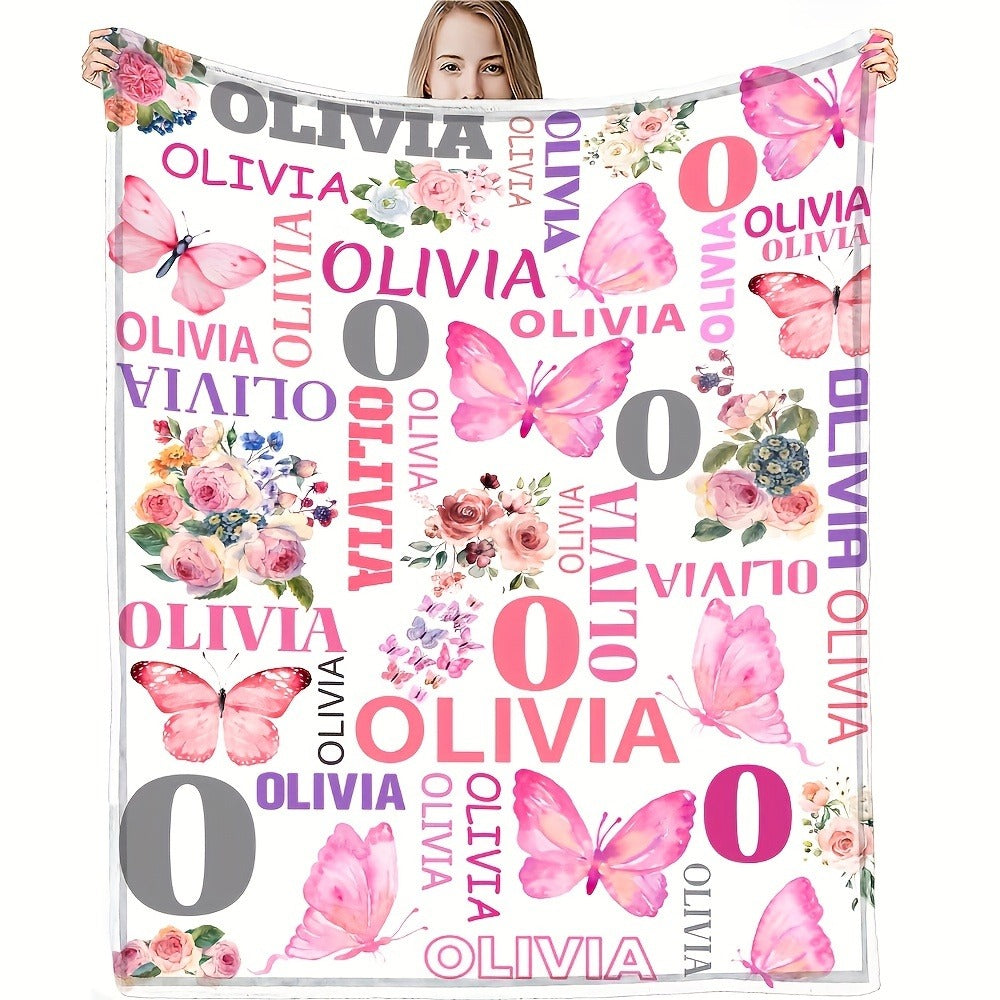 Customizable  Pink Floral & Butterfly Plush Throw Blanket