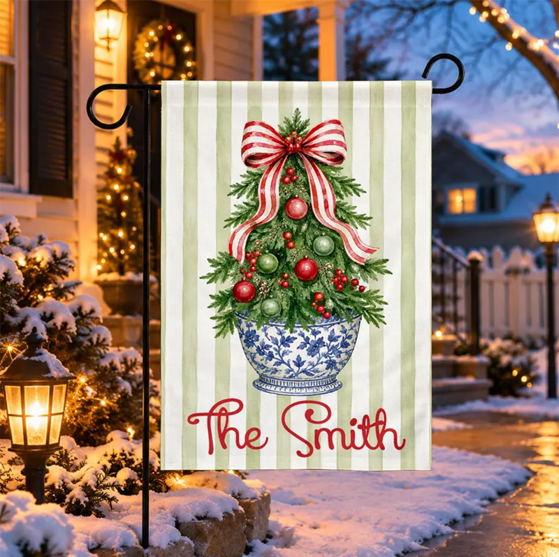 Striped Christmas Tree Flag Personalized Garden Flag Holiday Decor Custom Family Name