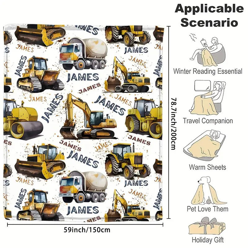Personalized Fleece Throw Blanket Cute Excavator, Engineering Vehicle