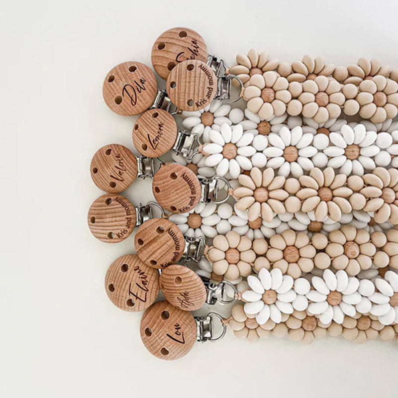 Personalized Flower Beaded Pacifier Clip Wooden Engraving