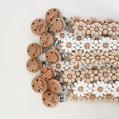 Personalized Flower Beaded Pacifier Clip Wooden Engraving