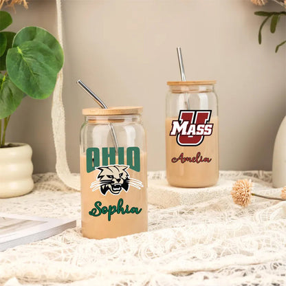Custom University Logo 16oz Glass, College Iced Coffee Glass Graduation Gift