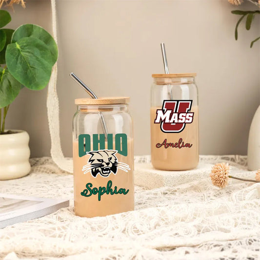 Custom University Logo 16oz Glass, College Iced Coffee Glass Graduation Gift