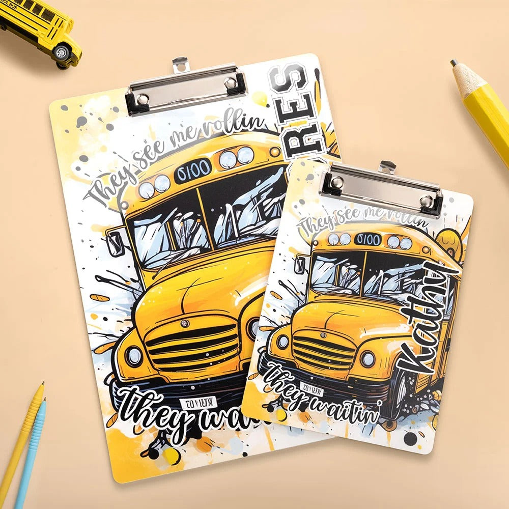 Personalized Erasable Cartoon Graffiti School Bus Acrylic Clipboard