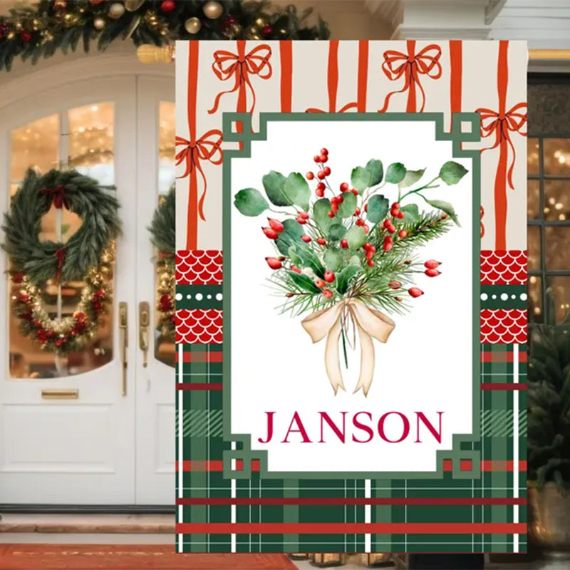 Personalized Christmas Berry Bouquet Garden Flag: Holiday Floral House Flag Outdoor Decor