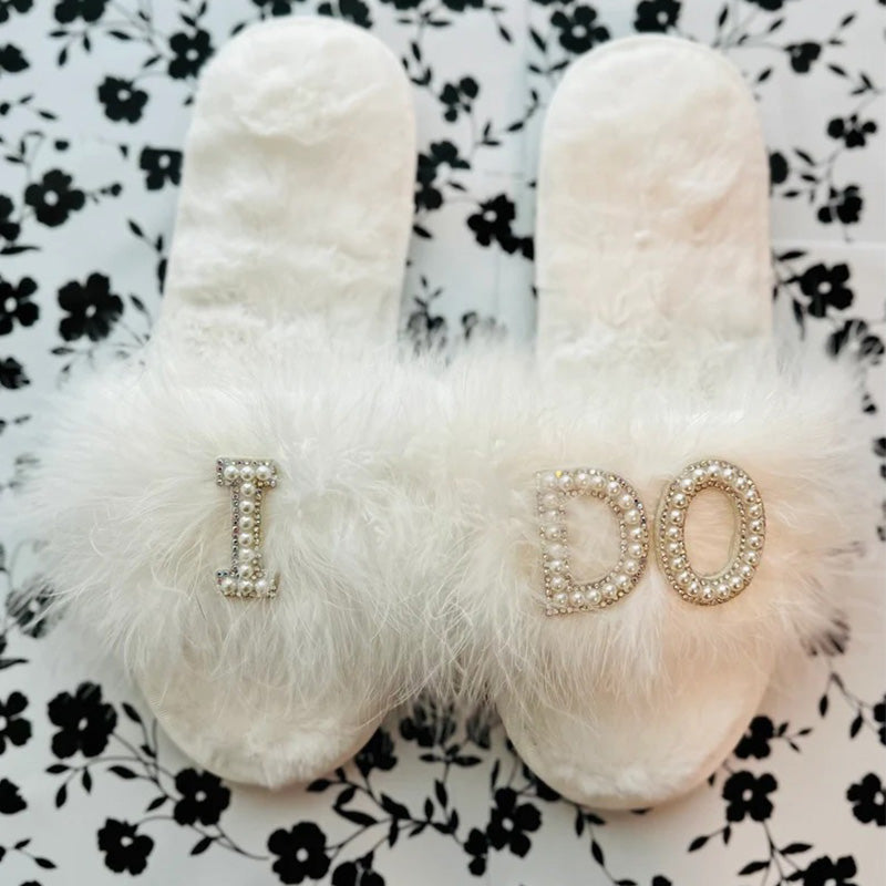 Feather Bride Slippers| I Do Slippeers|Customized Slippers|Peal Rhinestone Slippers