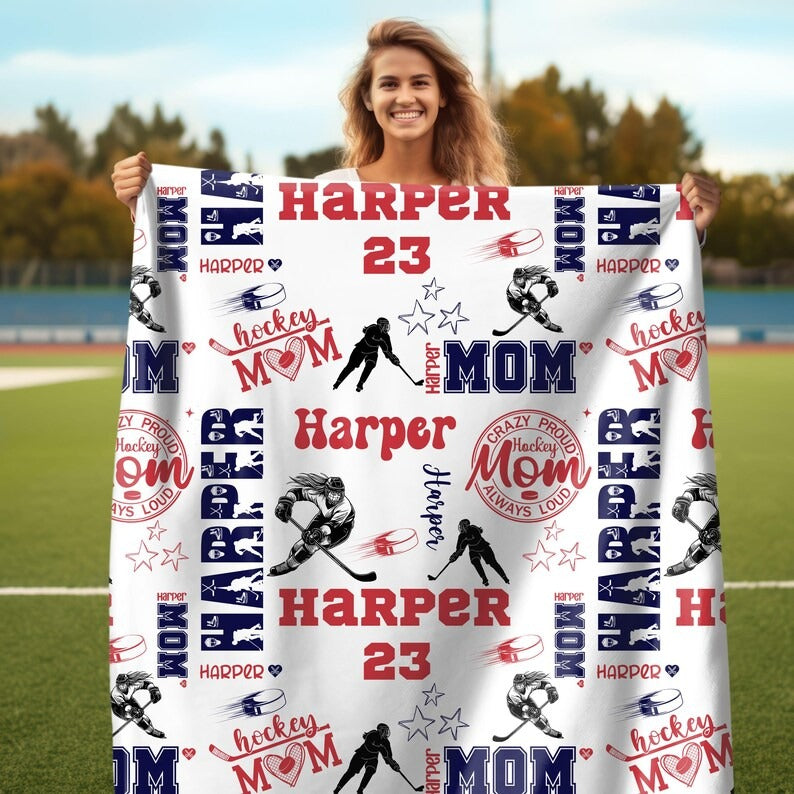 Personalized Proud Mom Ice Hockey Girl Blanket, Hockey Mom Soft Throw