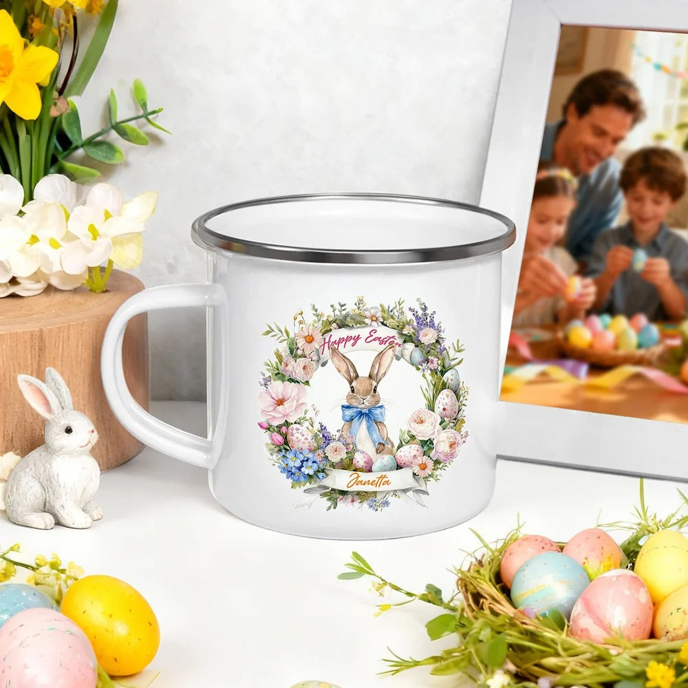 Personalized Happy Easter Cute Wreath Egg Bunny 12 oz