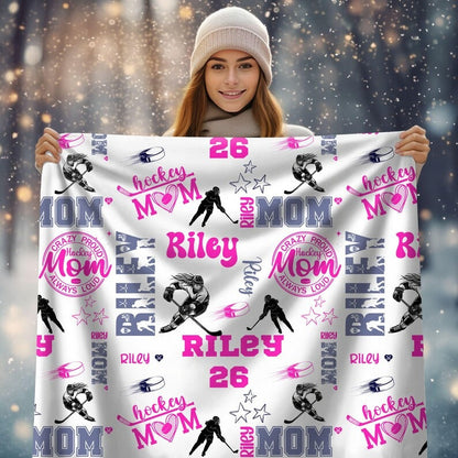 Personalized Proud Mom Ice Hockey Girl Blanket, Hockey Mom Soft Throw