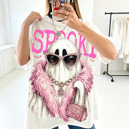 Spooky Chic Ghost Shirt, Pink Coquette Ghost Tee, Cute Halloween Graphic T-Shirt