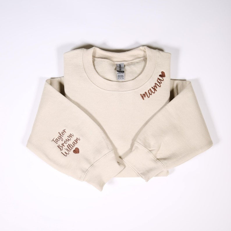 Custom Mama Sweatshirt With Kids Names On Sleeve